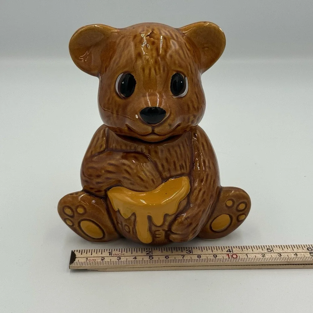 Vintage Brown Ceramic‎ Teddy Bear Honey Pot Jar with Dipper